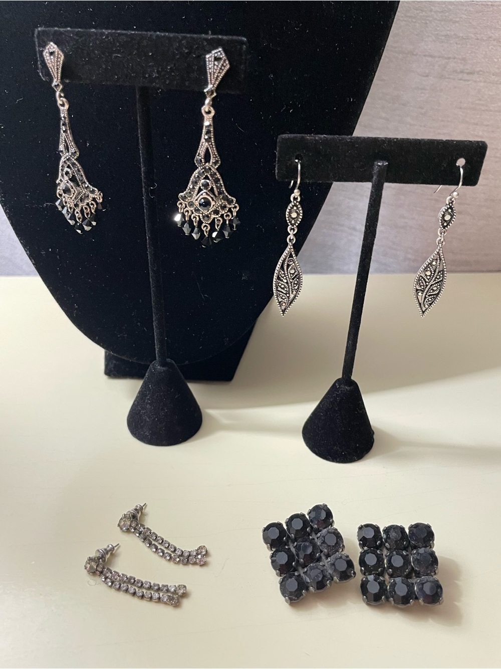 Vintage-Inspired Silver Tone Black Crystal Drop Earrings and Black Square Clips
